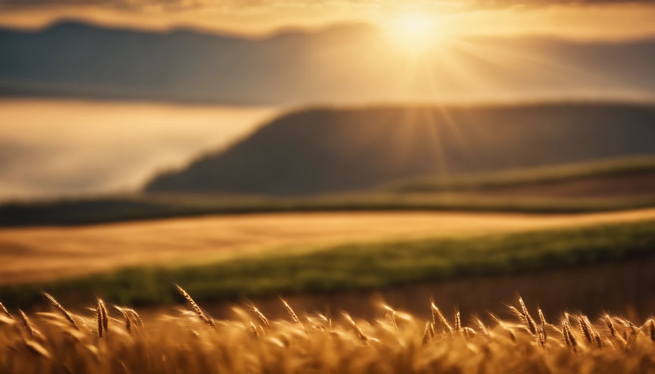 a high-resolution shot of the sunlight filtering through the wheat field, illuminating the golden hues and creating a warm and inviting atmosphere