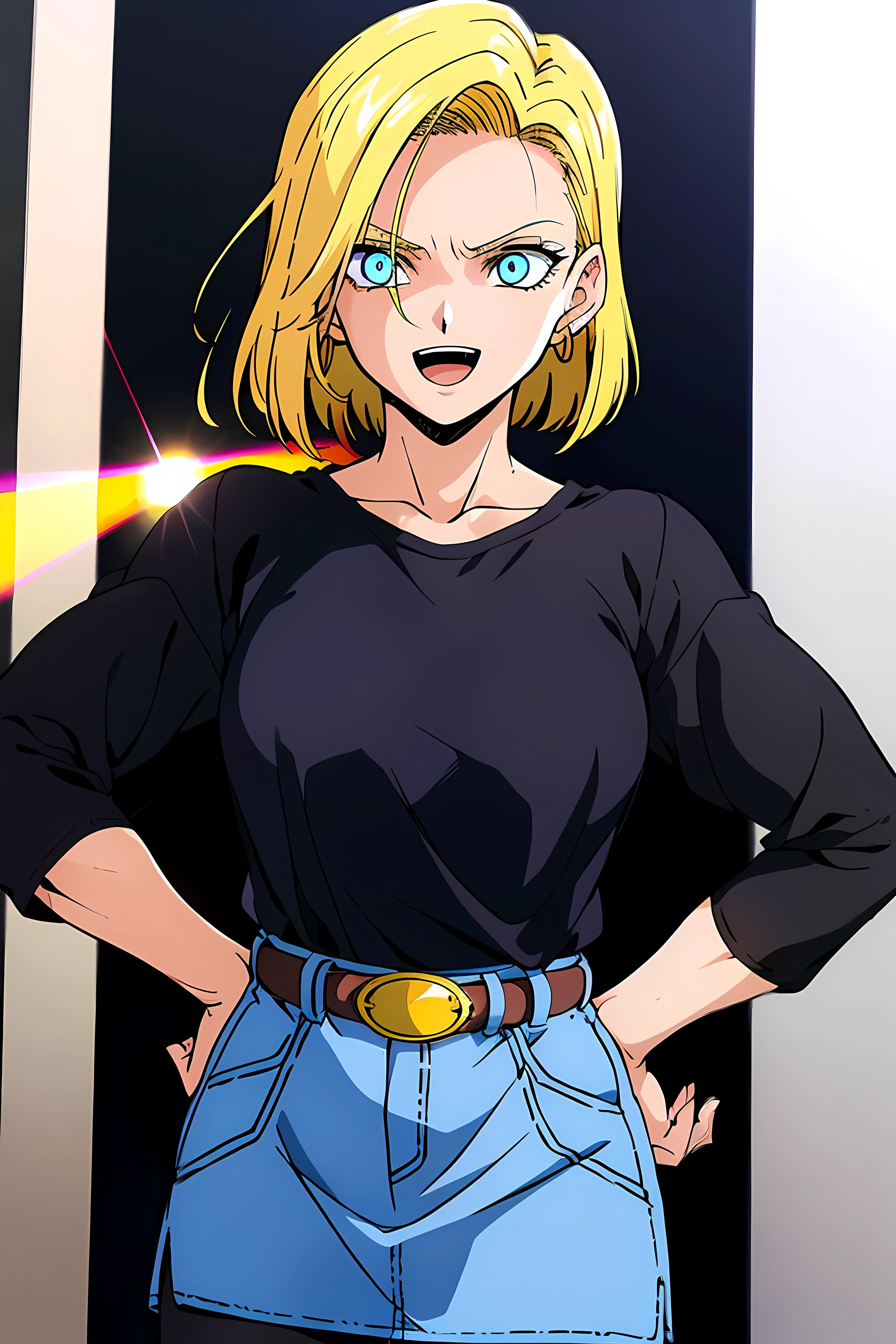 (top-quality:1.3), (masterpiece:1.4),(Anatomically correct), (Full limbs),(complete fingers),(Precise fingertip detail),(8K),Photorealista, (Best Quality), (Super Detail),(90s Anime, 9 0s Anime, 9 0 s anime style,anime cels, cel shaded anime),1girll, Android 18, Belt bag, put hands on the hip, Looking at Viewer, denim, White background, black Shirt, Short hair, denim Skirt, Solo, Skirt, Blonde hair, brown Belt bag, Blue eyes, striped sleeves, Closed mouth, Shirt, 1girl in, earring background, Jewelry, pantyhose, Long sleeves, Killer Eye, Psychotic eye,(Oil Painting,Hyper-realistic), (Detailed muscles and hair), (intensegaze),(dark backgrounds, contrasted colors), (Soft lighting in gold tones),((irate狂う)), Color Theme Red, Dramatic light, Violence Everywhere, Bloody destruction of corpses in the background, Dark and blurry background, (joyous expression:1.52), (Raging Eyes:1.24), (Blue glowing eyes:1.17), Mental breakdown, intimidation, Ways to harm, (irate:1.1), revenge, irate狂う, destruction, murder, Maniacal, eyes focus,(Masterfully crafted Glow,Sky Blue Lens Flare:1.7), (Cinematic background), Hyper-detailing, (delicate detail), (intricate detailes), octane renderings, nffsw, (Hyper-detailing:1.15), (softlight:1.2), 1girl in, beautiful a girl, ultradetailed eyes, Mature, Plump, A thick, Rainbow Paint Drop,(super model:1.Not a teardrop, Woman made up of paint, entirely paint, Splat, Splash, indoor shining hair:1.1)、(radiant eyes)、((make - up))、(Cinematic Masterpiece)、intensely、Powerful、splashes of colour absolutely eye-catching、(Cinematic headlight)、((coustics))、dynamic ungle、beautiful detailed brilliance、Ambient Occlusion、ambient lights、ray trace reflection、(The best lighting、extremely delicate and beautiful)、((ciinematic light))、