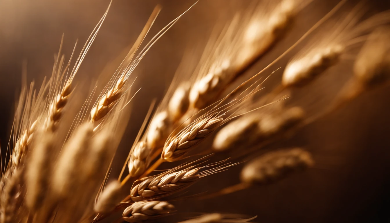 a detail shot of a wheat ear, showcasing the delicate structure of the kernels, the subtle shades of brown and gold, and the intricate patterns within