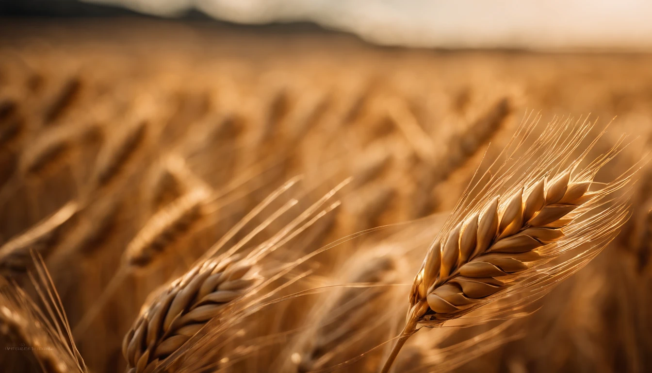 a detail shot of a wheat ear, showcasing the delicate structure of the kernels, the subtle shades of brown and gold, and the intricate patterns within
