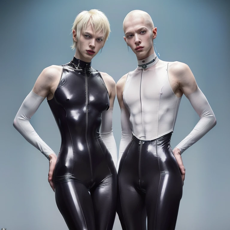 (masterpiece, best quality, 4k, dreamlike, hyperrealistic:1.35), (Doctor Stargher is albino tall lean androgynous male perverted genius nerdy geeky technomage queer transhumanist depraved homosexual misogynist kinky sadistic villain with weak stomach beautiful eyes thin face flat chest frail shoulders lithe waist male crotch bulge sleek skintight bodysuit:1.5)