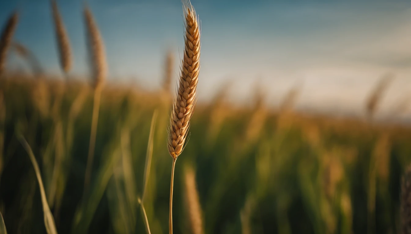 a creative shot of a single wheat stalk, isolated against a clear blue sky or a contrasting background, emphasizing its height and elegance