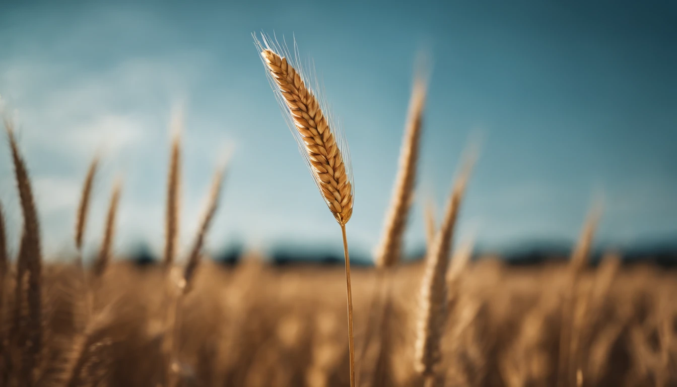 a creative shot of a single wheat stalk, isolated against a clear blue sky or a contrasting background, emphasizing its height and elegance