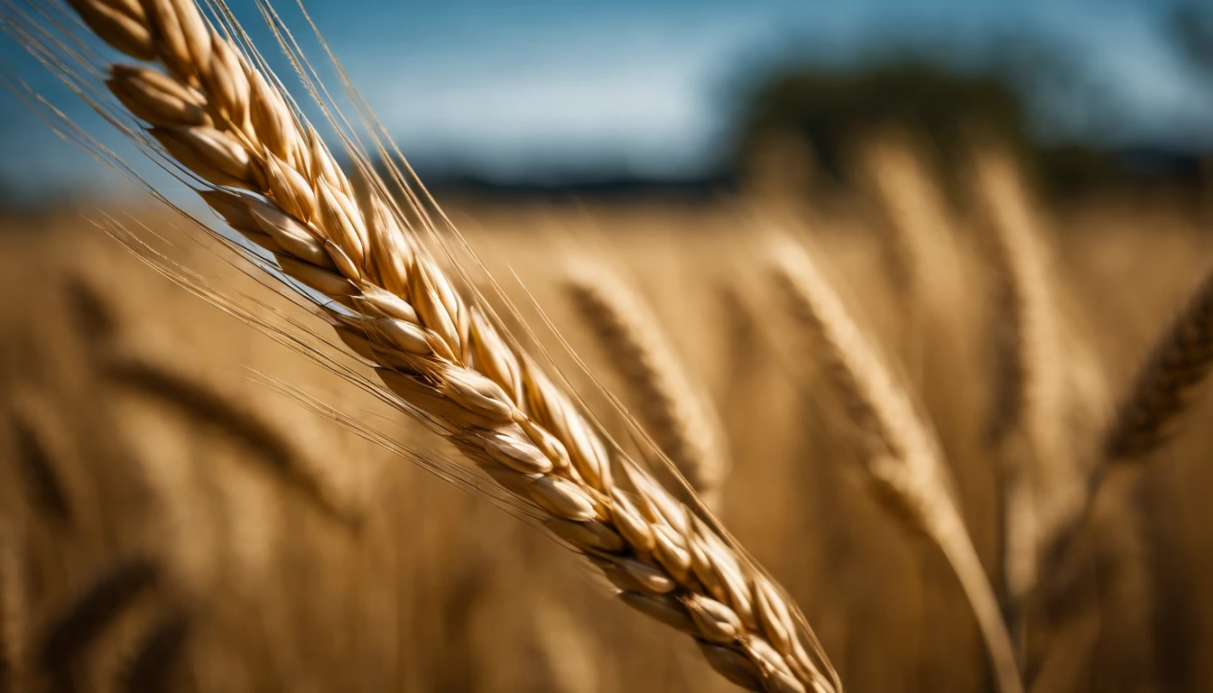 a creative shot of a single wheat stalk, isolated against a clear blue sky or a contrasting background, emphasizing its height and elegance