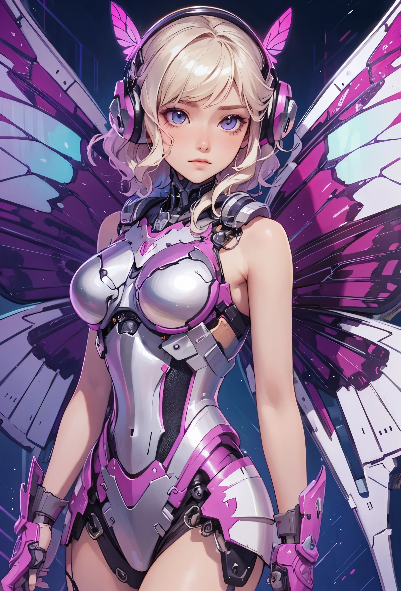 (Detailed illustrations,Very detailed and detailed drawing,Delicate lines with slow and rapid,Realistic texture expression),[Color tressed main line],[labo],[[HENTAI]] ANIME (CYBERGirl anime Beauty 13 years old Cyborg [Wavy Hair (platinum-blonde)]),([Butterfly wings] Magenta-pink Papillon cybernean armor [Aurora Armor] Fuselage only transparent material) Cyber Headset,(cybernetic),(Intricate and beautiful decoration [Dense detail]),(Fine and beautiful skin expression [Transparency]),[完璧な目のdetaileds (Iris beautifully drawn in every detail)[Jewel-like eyes]],[long and beautiful eyelashes],[Meticulously drawn hair [美しく艷やかな髪のdetaileds]],(完璧な手のdetaileds [Beautiful fingers without breakdowns [Beautiful nails]]),(Perfect Anatomy(Perfectly proportioned))[[Full body like]],[[Design built to the highest level]][Ideal color coordination(Accurate simulation of light-material interactions)],([Precision Detail](detaileds,high-detail)),[Visual art that conveys a sense of narrative].