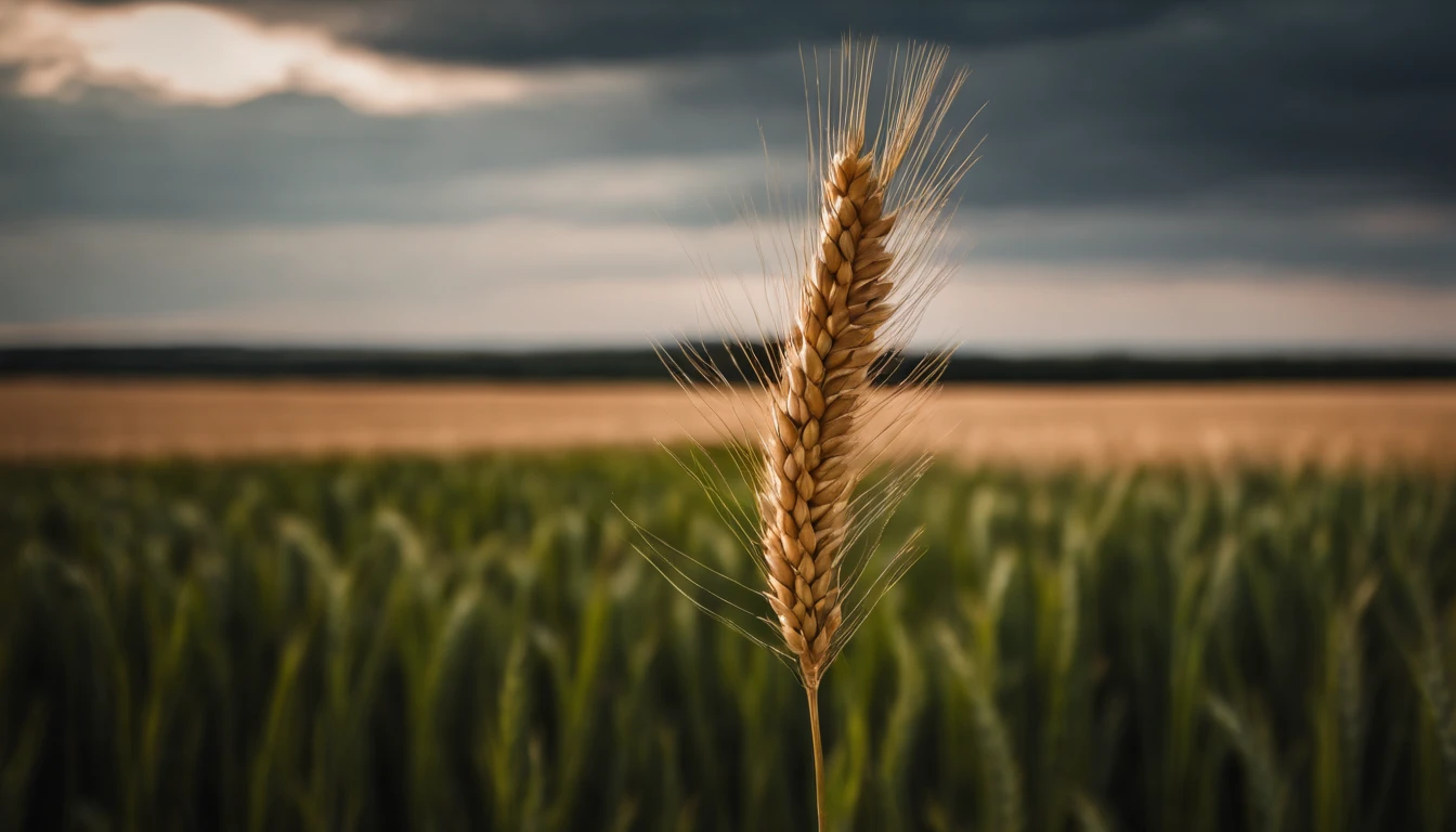 a minimalistic shot of a single wheat field with a solitary sheaf remaining, symbolizing the harvest and the end of the growing season