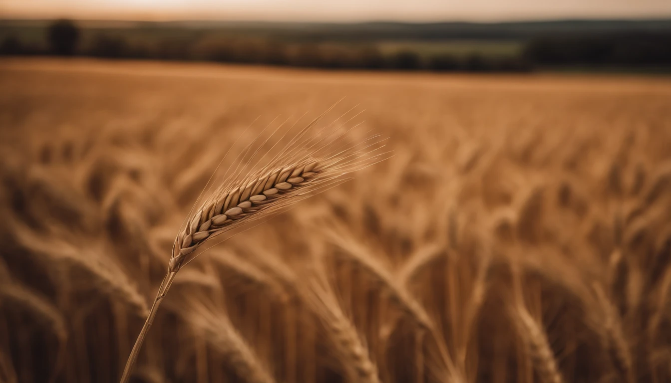 a minimalistic shot of a single wheat field with a solitary sheaf remaining, symbolizing the harvest and the end of the growing season