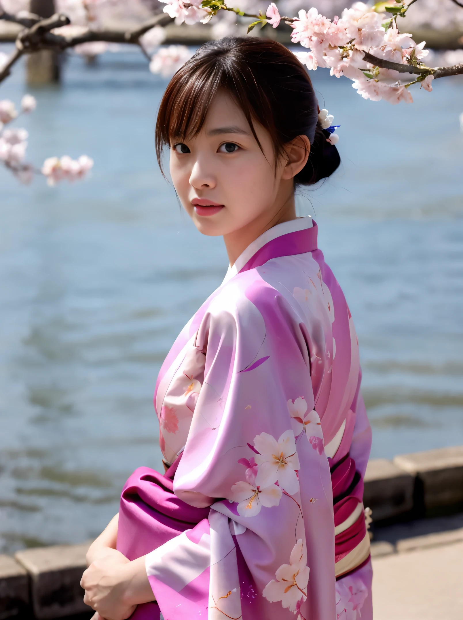 Photorealistic, FilmSteel,A Woman in pink Kimono at the riverbank under the cherry blossoms each time. Dramatic, bumps on the skin
