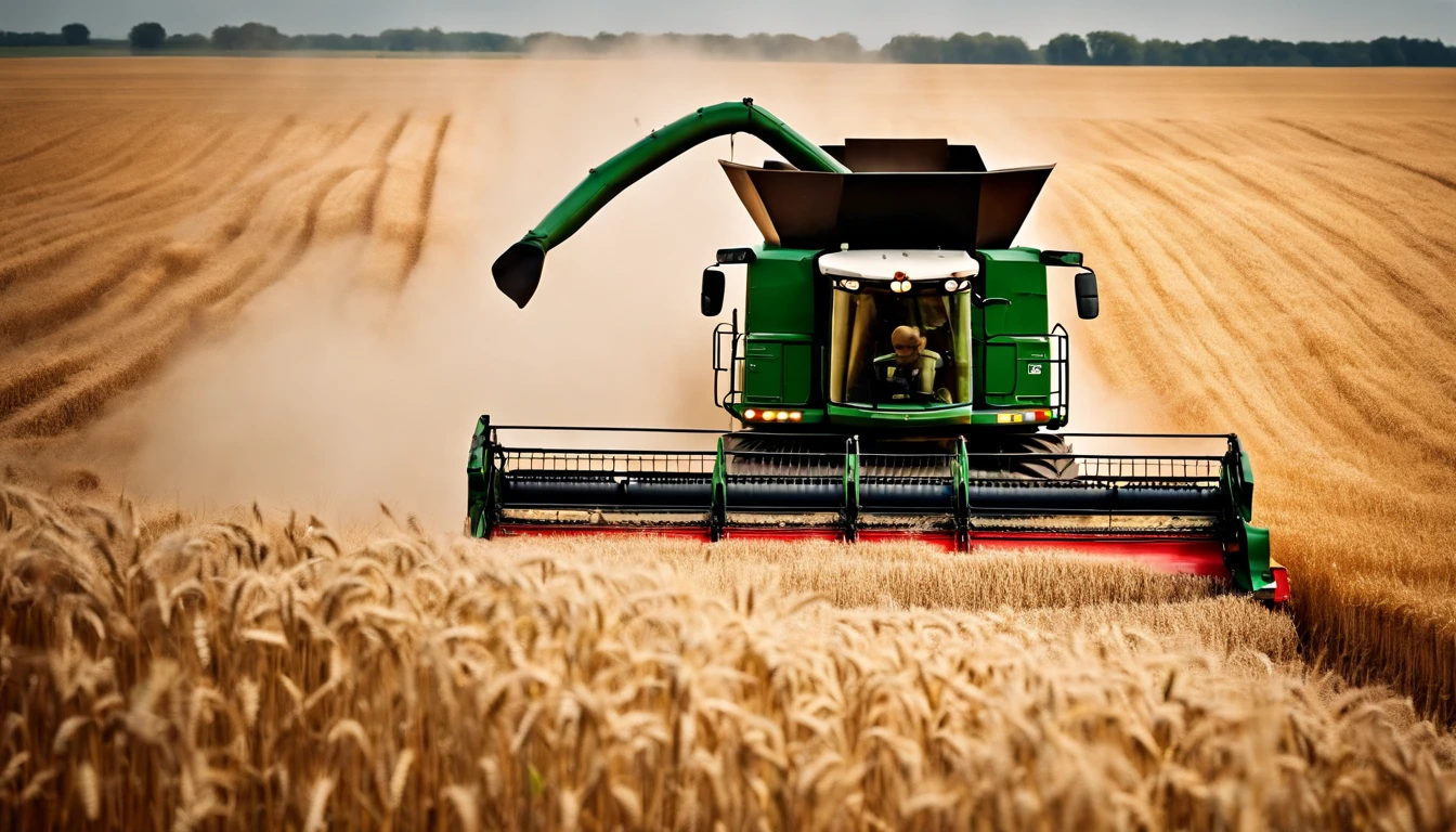 a high-angle shot of a combine harvester moving through a wheat field, capturing the motion and activity of the harvest process