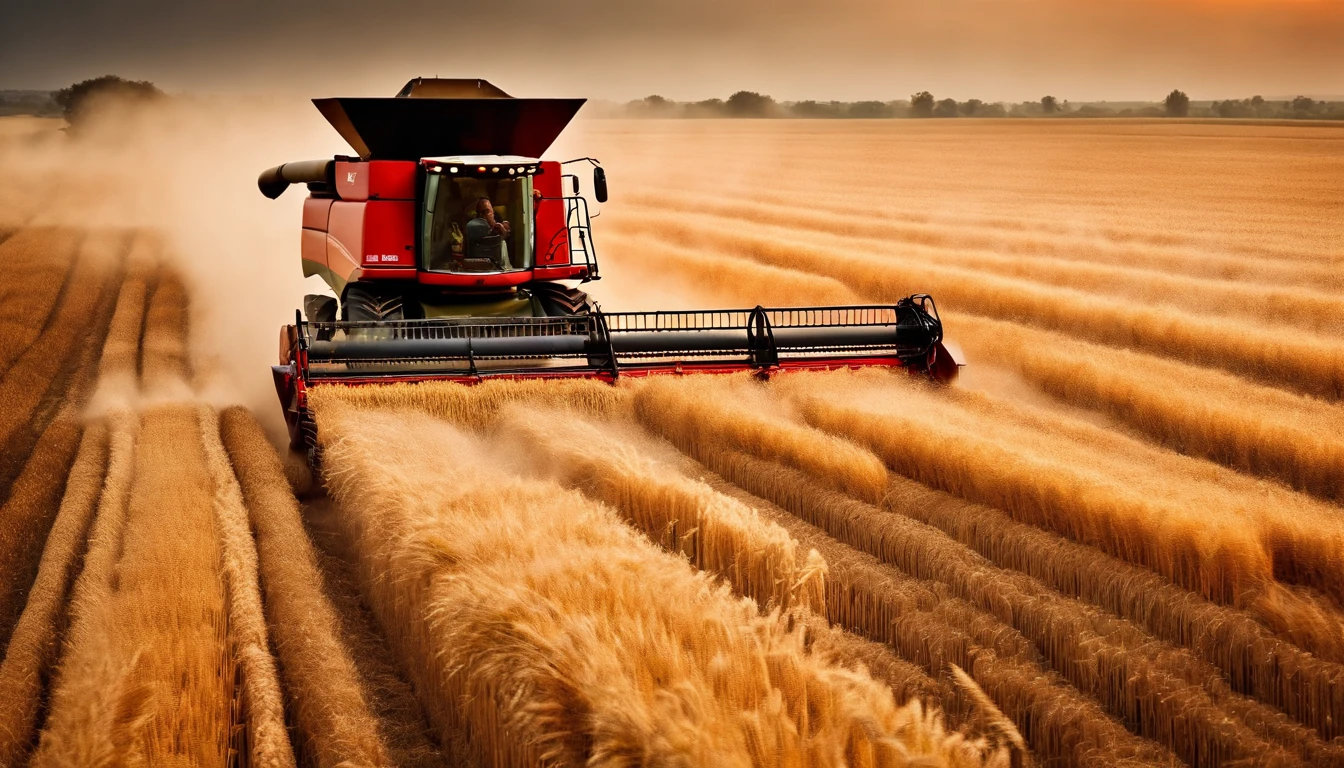 a high-angle shot of a combine harvester moving through a wheat field, capturing the motion and activity of the harvest process