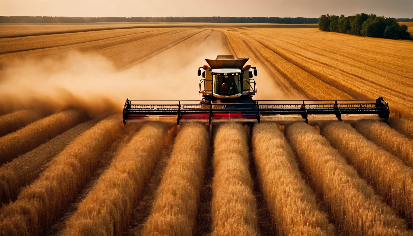 a high-angle shot of a combine harvester moving through a wheat field, capturing the motion and activity of the harvest process