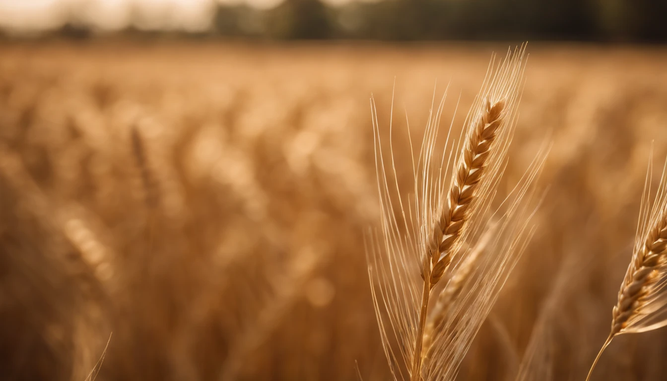 a detailed macro shot of a wheat field, focusing on the minute details of the leaves, husks, and seed heads, showcasing the intricate beauty of this staple crop