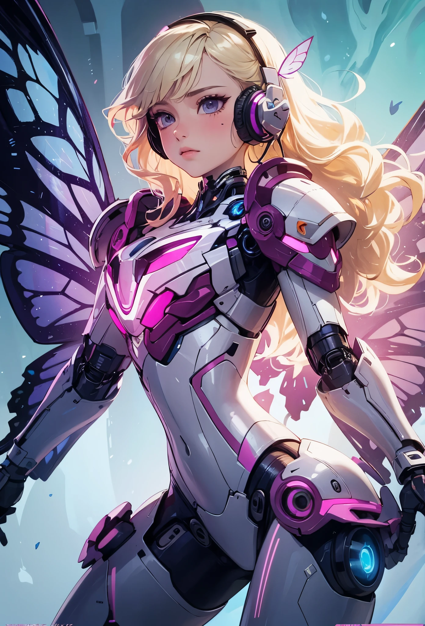 (Detailed illustrations,Very detailed and detailed drawing,Delicate lines with slow and rapid,Realistic texture expression),[Color tressed main line],[labo],[[HENTAI]] ANIME (CYBERGirl anime Beauty 13 years old Cyborg [Wavy Hair (platinum-blonde)]),([Butterfly wings] Magenta-pink Papillon cybernean armor [Aurora Armor] Fuselage only transparent material) Cyber Headset,(cybernetic),(Intricate and beautiful decoration [Dense detail]),(Fine and beautiful skin expression [Transparency]),[完璧な目のdetaileds (Iris beautifully drawn in every detail)[Jewel-like eyes]],[long and beautiful eyelashes],[Meticulously drawn hair [美しく艷やかな髪のdetaileds]],(完璧な手のdetaileds [Beautiful fingers without breakdowns [Beautiful nails]]),(Perfect Anatomy(Perfectly proportioned))[[Full body like]],[[Design built to the highest level]][Ideal color coordination(Accurate simulation of light-material interactions)],([Precision Detail](detaileds,high-detail)),[Visual art that conveys a sense of narrative].