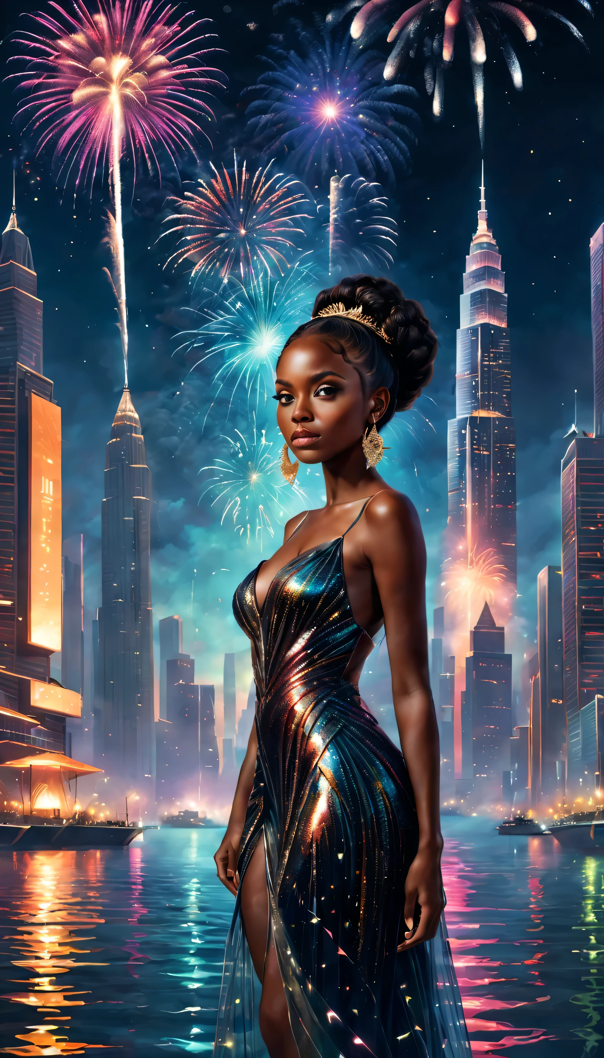 best quality, AFRICAN BLACK SKIN GIRL, 4k,8k,highres,masterpiece:1.2,ultra-detailed,realistic:1.37,portrait,landscape,painting,illustration,oil painting,double exposure effect,girl,girl in a beautiful dress,expressive eyes,festive atmosphere,grand fireworks display in the night sky,sparkling fireworks,reflection on water surface,mesmerizing colors,romantic ambiance,futuristic skyscrapers,tall buildings,reaching towards the sky,glowing neon lights,amazing architectural design,twinkling stars,celebration of the new year,overwhelming sense of excitement,magical moment,inspiring and artistic composition