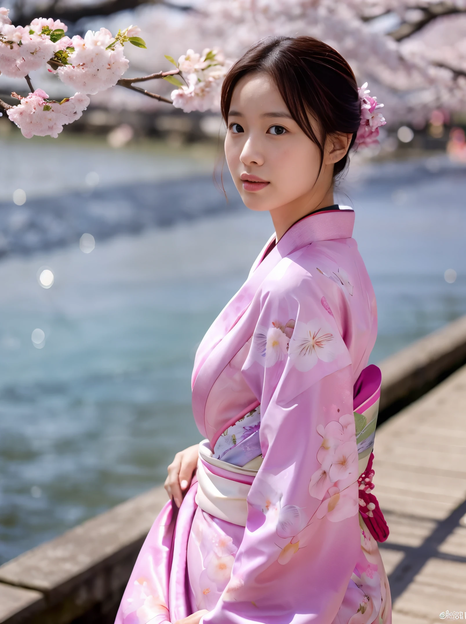 Photorealistic, FilmSteel,A Woman in pink Kimono at the riverbank under the cherry blossoms each time. Dramatic, bumps on the skin