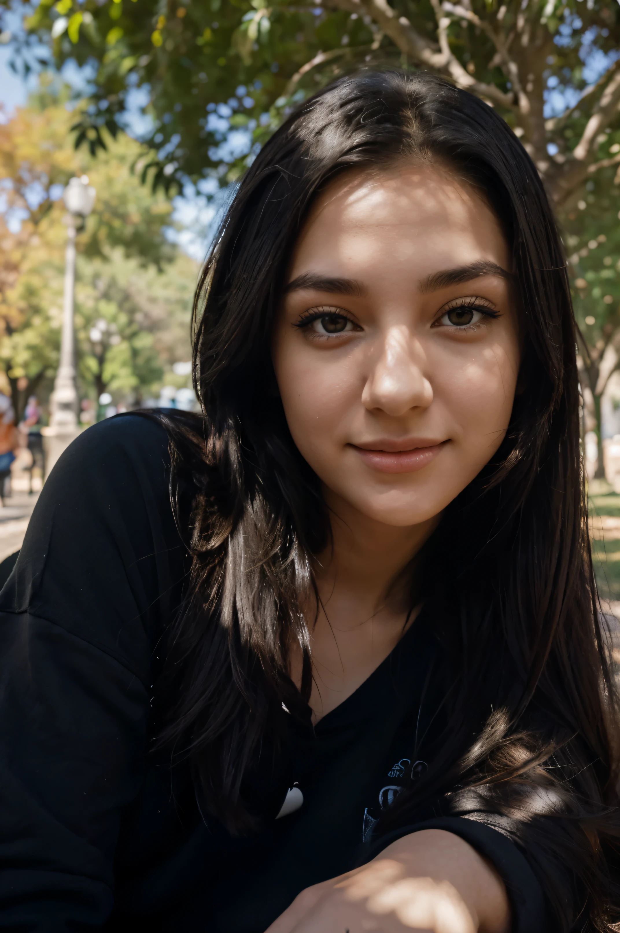 A happy, straight-haired girl with black eyes and black hair, Lying under the shade of a tree in the park, wearing a comfortable black sweatshirt and wide pajama bottoms. ,has light makeup, and is in the age range of 18-23.