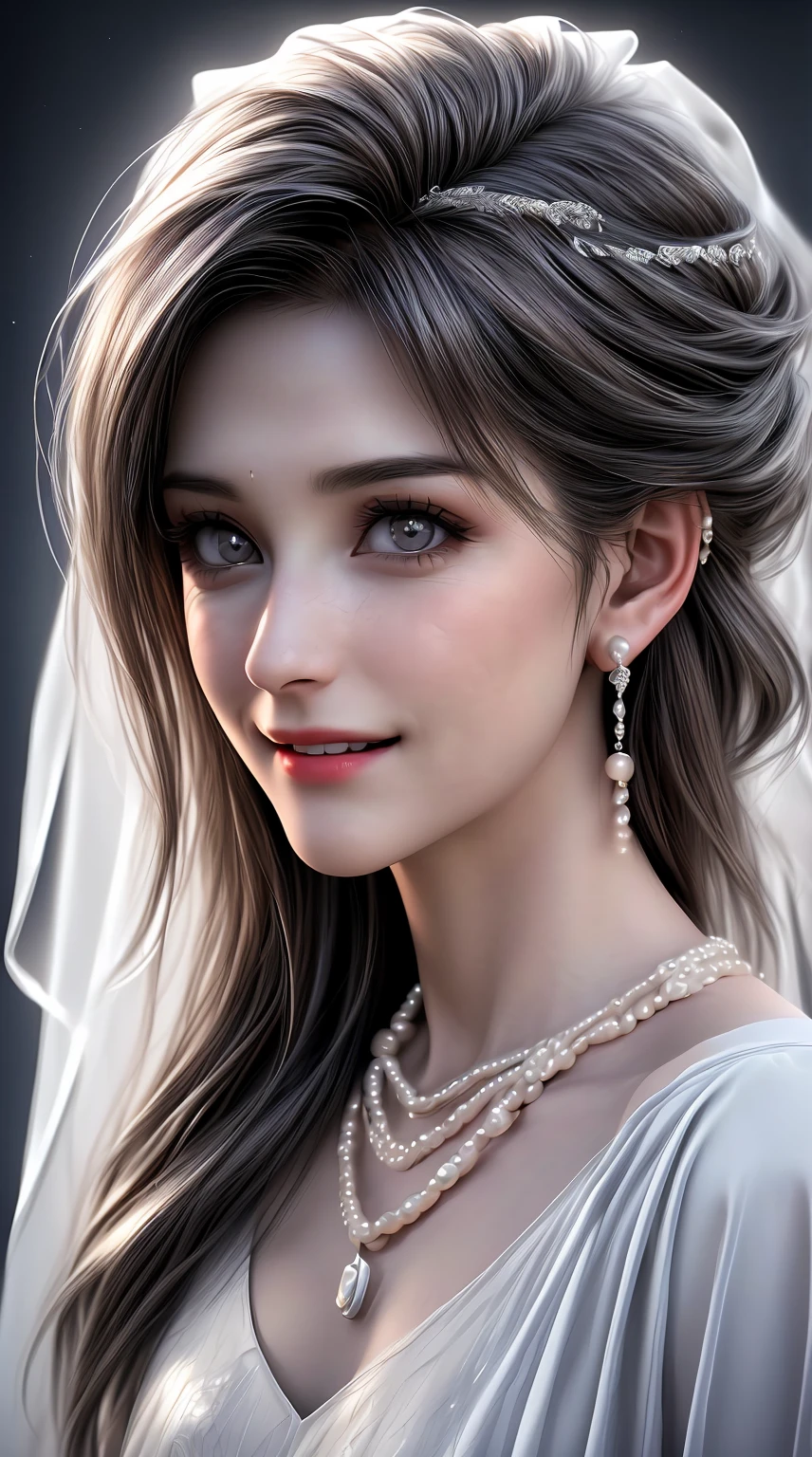 (best quality,4k,8k,highres,masterpiece:1.2),ultra-detailed,(realistic,photorealistic,photo-realistic:1.37),portraits,bride,gray eyes,24 years old,white wedding dress,pearl and diamond earrings,unique necklace with various pendants,Realism-style setting,natural lighting,laughing,happy