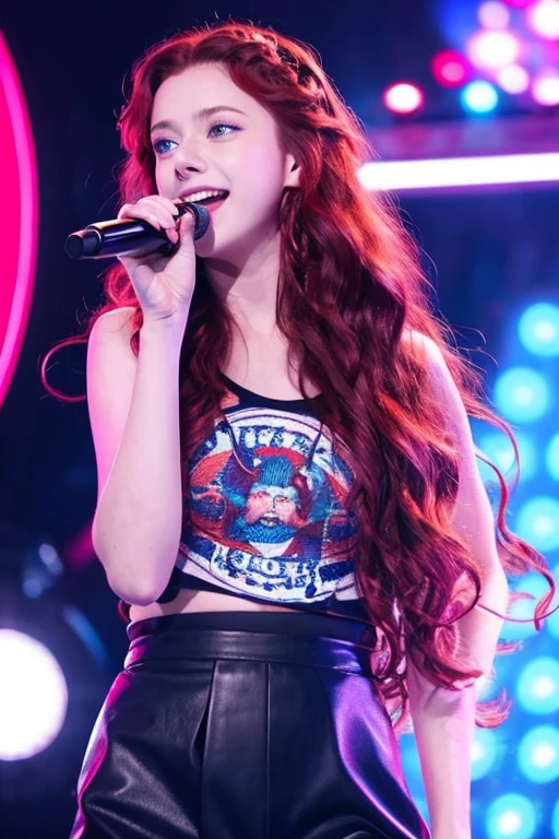 2heads, young two-headed woman, age 28, pretty, bohemian, pale skin, wavy auburn hair, singing, on stage at a small club concert, performing with a rock band,