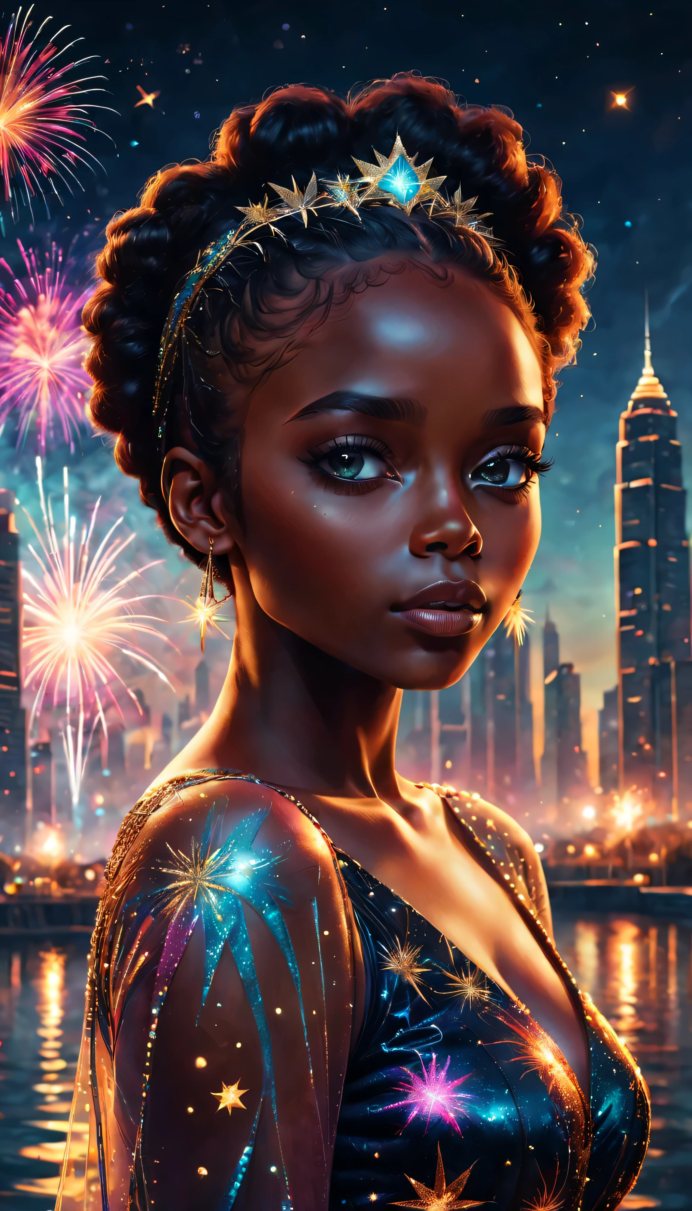 best quality, AFRICAN BLACK SKIN GIRL, 4k,8k,highres,masterpiece:1.2,ultra-detailed,realistic:1.37,portrait,landscape,painting,illustration,oil painting,double exposure effect,girl,girl in a beautiful dress,expressive eyes,festive atmosphere,grand fireworks display in the night sky,sparkling fireworks,reflection on water surface,mesmerizing colors,romantic ambiance,futuristic skyscrapers,tall buildings,reaching towards the sky,glowing neon lights,amazing architectural design,twinkling stars,celebration of the new year,overwhelming sense of excitement,magical moment,inspiring and artistic composition