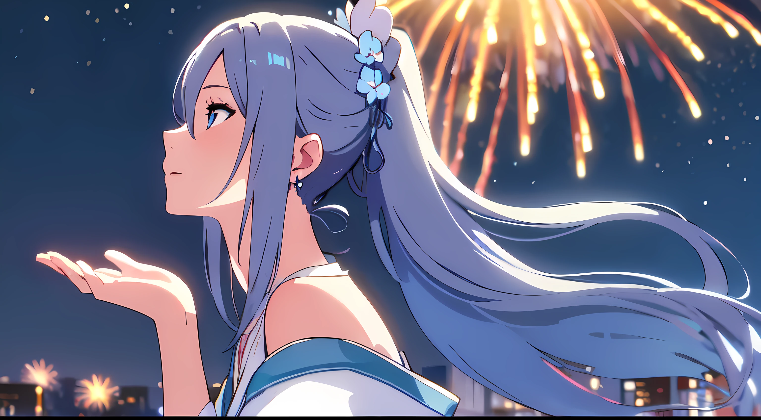 masterpiece, best quality, 1lady, solo, really long white hair, (blue flowers hair ornament), light blue eyes, earrings, night, Vast sky, beautiful skyline, fireworks, Off-shoulder light blue yukata, fantasy, calm, look up