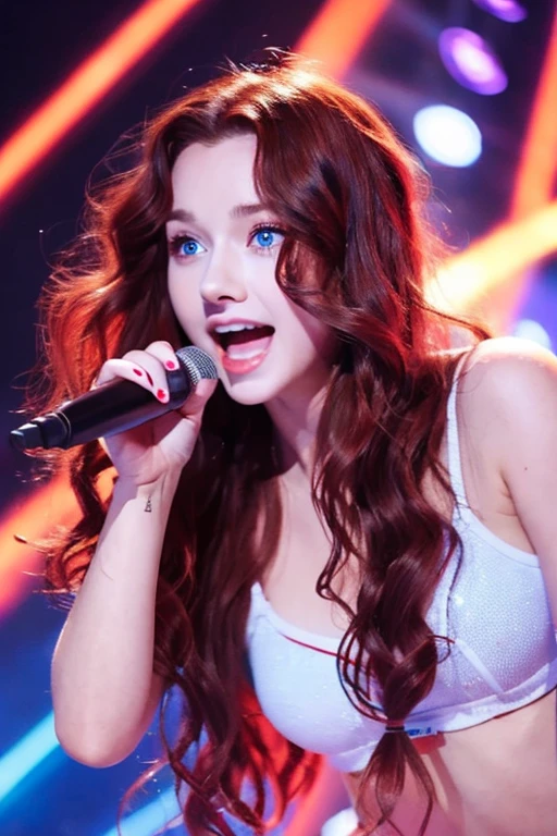 girl, k-pop star, dancing, singing, long curly red hair, blue eyes.