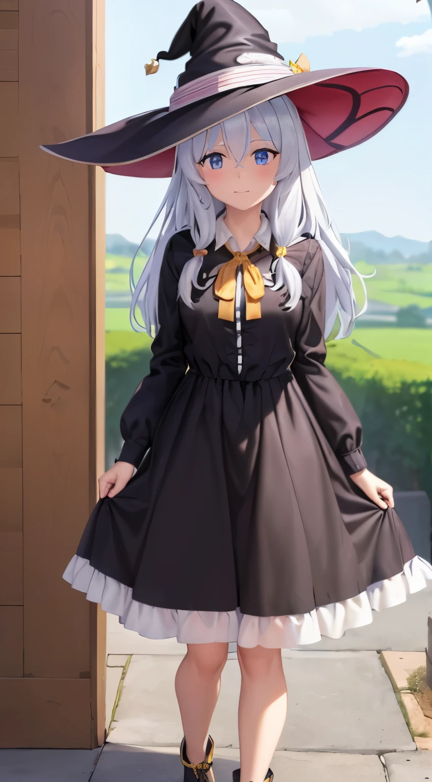 (masterpiece:1.6, best quality), (finely detailed beautiful eyes: 1.2),  phelaina, Eouftit3,  Eof3, 1girl, elaina (majo no tabitabi), solo, witch hat, long hair, black headwear, blue eyes, collared shirt, hair between eyes, white shirt, ribbon, yellow ribbon, bangs, neck ribbon, bow, witch, open clothes, blush, anime coloring, hood, yellow bow, jewelry, floating hair, yellow bowtie, shiny hair, bowtie, black robe, wing collar, open robe, purple eyes, dress shirt, anime color,boot, shoes,