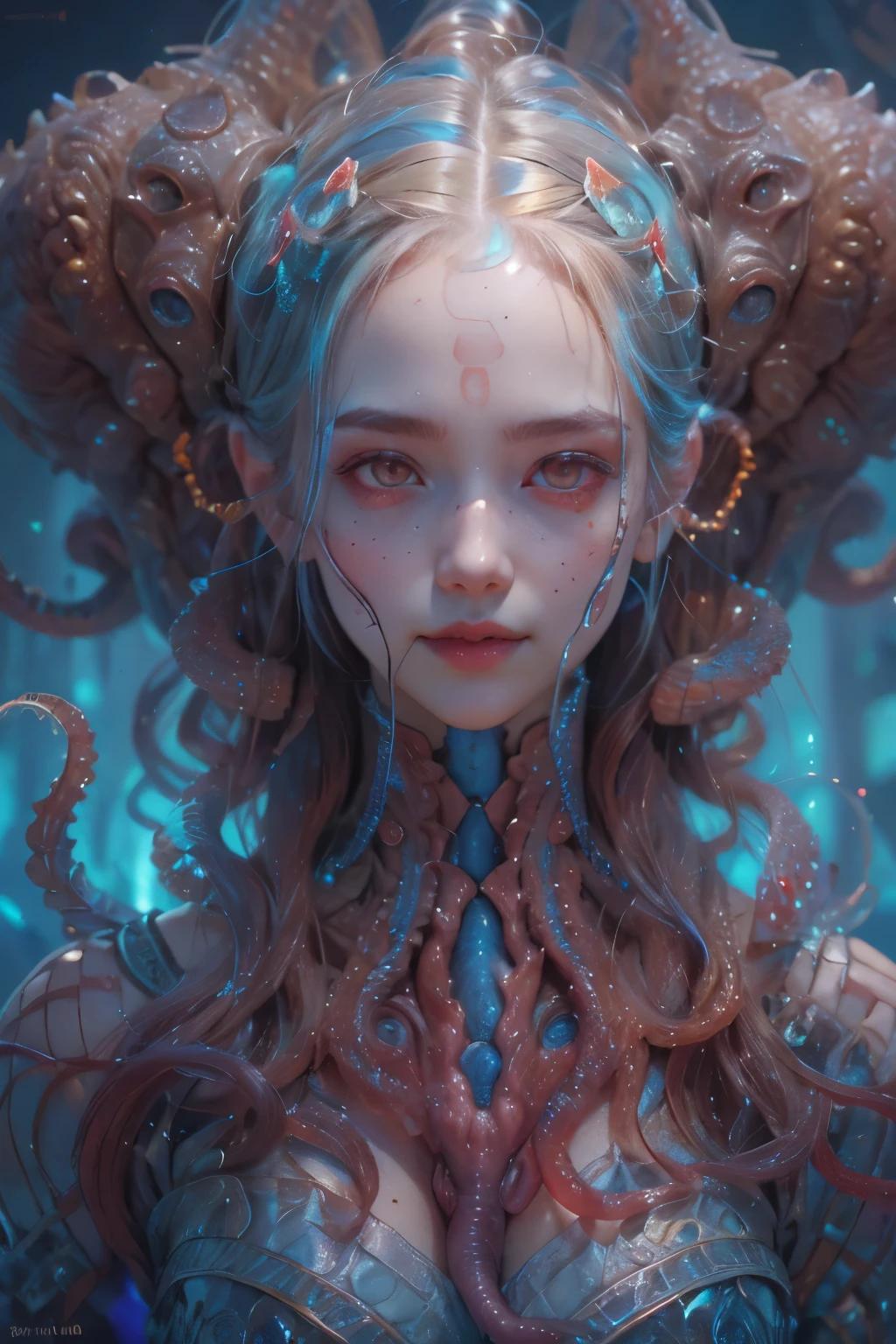 Portrait, (beautiful female alien:1.2),  (she has red eyes with no pupils:1.8), (Translucent skin:1.7),  (There is a female genital-like organ in the middle of the forehead:1.9), (The most beautiful face in the history of the universe:1.2),an evil gaze that seduces, (large mouth:1.1), (sharp teeth like a vampire:1.2), Full body like, (bio luminescent:1.5), (Smile wickedly:1.3),  (sexypose:1.5), alien, No humans, cells are fused, (Lots of translucent tentacles:1.3) extraterrestrial, cell, bio image, Best Quality, 8K,4K_quality, High Definition, Dramatic Lighting, masutepiece:1.5,cinematic quality, detail up, (Intricate details:1.2), High resolution, High Definition, drawing faithfully, (Thick eyebrows:1.2), Beautiful eyes with fine symmetry,(Highly detailed face and eyes:1.2), Intimate face, (Super detailed skin quality feeling:1.4), Perfect Anatomy,  (Beautiful toned body:1.5),  (Moist skin:1.2), No makeup, (dark circles:1.1), long canines, cinematic drawing of characters, ultra high quality model, cinematic quality, detail up, (Intricate details:1.2), High resolution, High Definition, drawing faithfully, Official art, Unity 8K wall  , 8K Portrait, Best Quality, Very High resolution, ultra detailed artistic photography, midnight aura,  unreal enginee 5, Ultra Sharp Focus, art by alberto seveso, ArtGerm, Roisch, intricate artwork, best quality, masutepiece, ultra High resolution, (photos realistic:1.4), Ultra-realistic realism, dream-like,  nautilus, Creation of fantasy, Snail, Dream Snail,  biopunk nautilus, Thrilling color schemes， Ultra-realistic realism， seductively smiling, Blue tentacles,