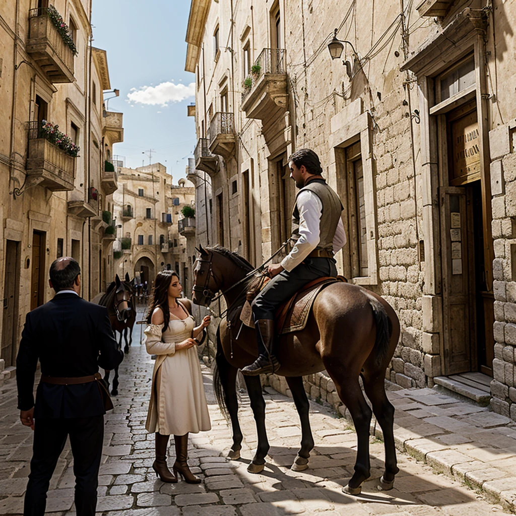 medieval Matera: knights, horses and busy people in the streets, daylight. A man helps an elegant lady.