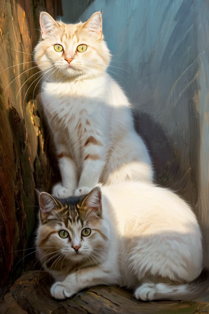 Generate Ultra HD images of single white, fluffy cat, use advanced macro photography techniques to highlight the intricate details of cat hair and expressive eyes. Place the camera at the level of the cat's eye, Create an intimate connection between the viewer and the feline. A large aperture that achieves a shallow depth of field, Improve lighting to emphasize the texture and contour of th Convey realism. Implement post-processing techniques to optimize image clarity, Contrast, and color balance, Ensure all aspects, From the intricate pattern of the cat to the intense gaze, The rendering details are stunning. Enfim, Convey the tranquil beauty and innate elegance of cats, Capture fleeting moments,Celebrate the uniqueness of feline curiosity and balance."