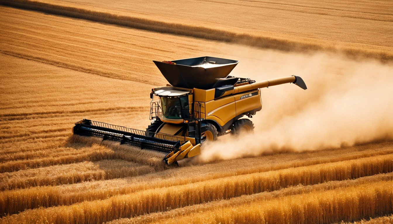 a high-angle shot of a combine harvester moving through a wheat field, capturing the motion and activity of the harvest process