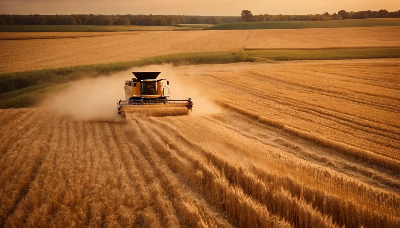 a high-angle shot of a combine harvester moving through a wheat field, capturing the motion and activity of the harvest process
