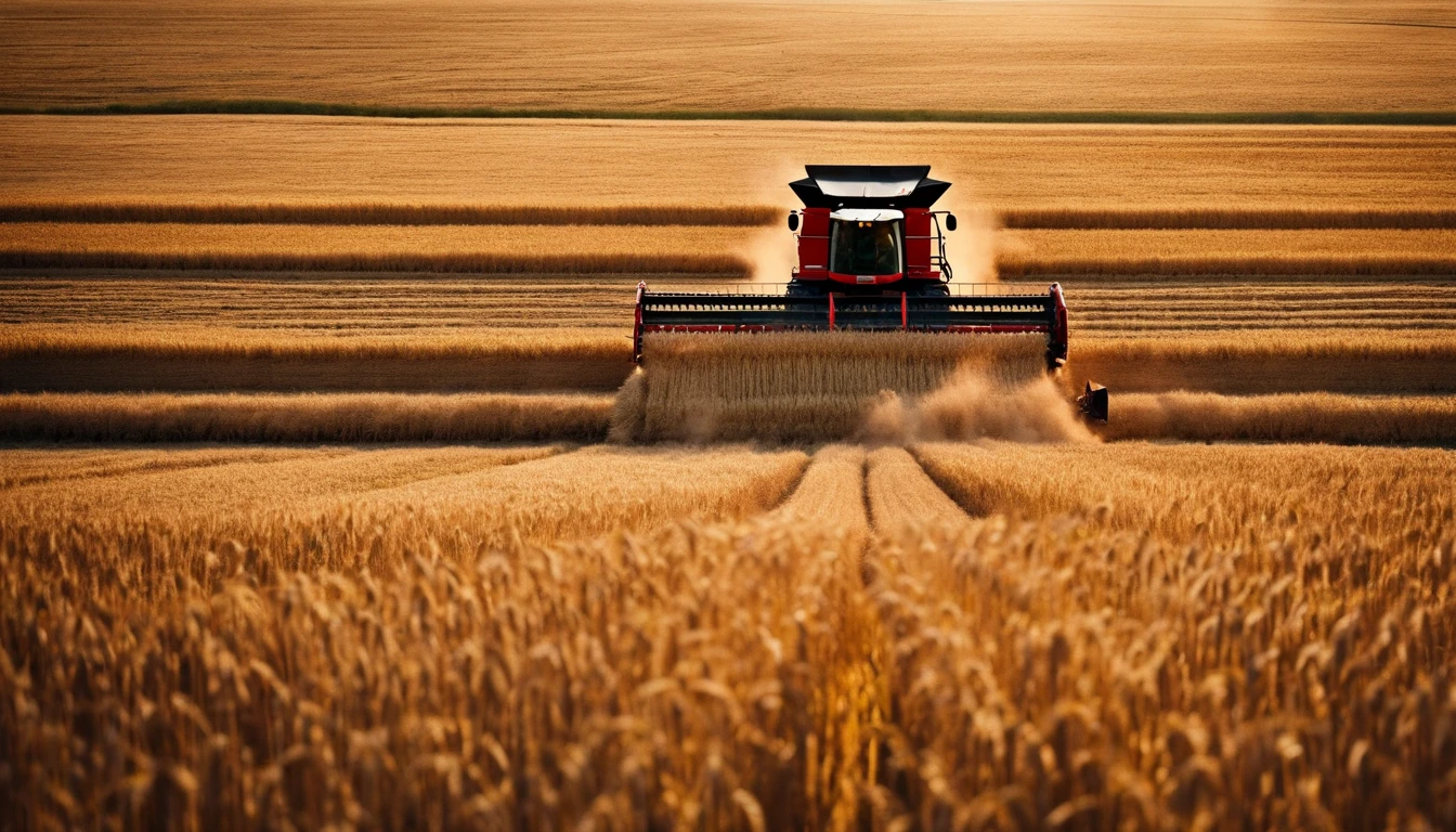 a high-angle shot of a combine harvester moving through a wheat field, capturing the motion and activity of the harvest process