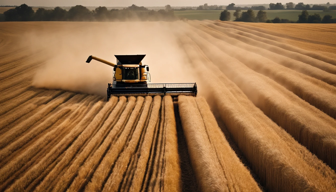 a high-angle shot of a combine harvester moving through a wheat field, capturing the motion and activity of the harvest process