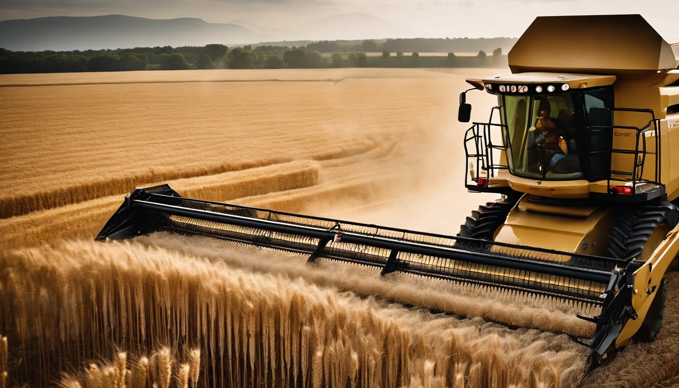 a high-angle shot of a combine harvester moving through a wheat field, capturing the motion and activity of the harvest process