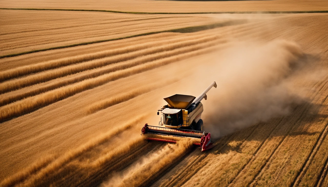 a high-angle shot of a combine harvester moving through a wheat field, capturing the motion and activity of the harvest process