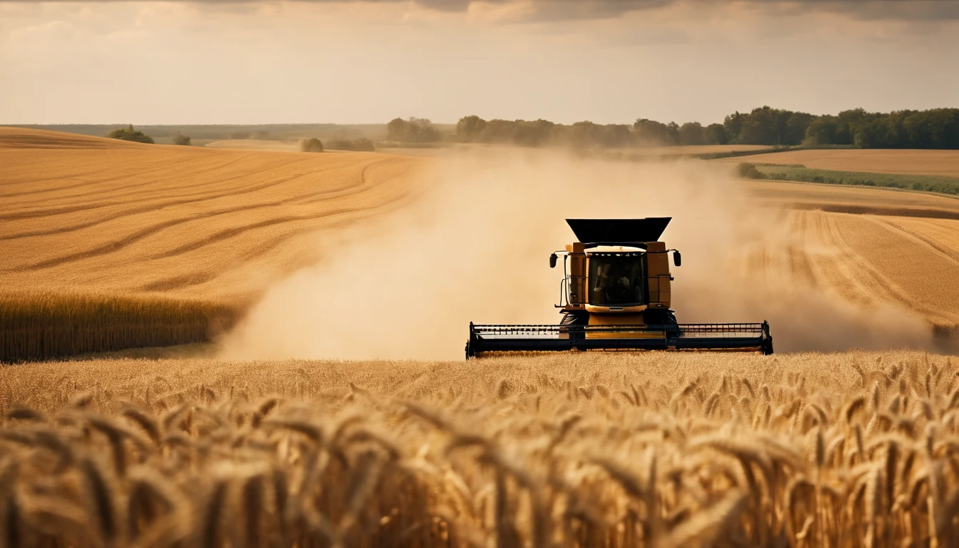 a high-angle shot of a combine harvester moving through a wheat field, capturing the motion and activity of the harvest process