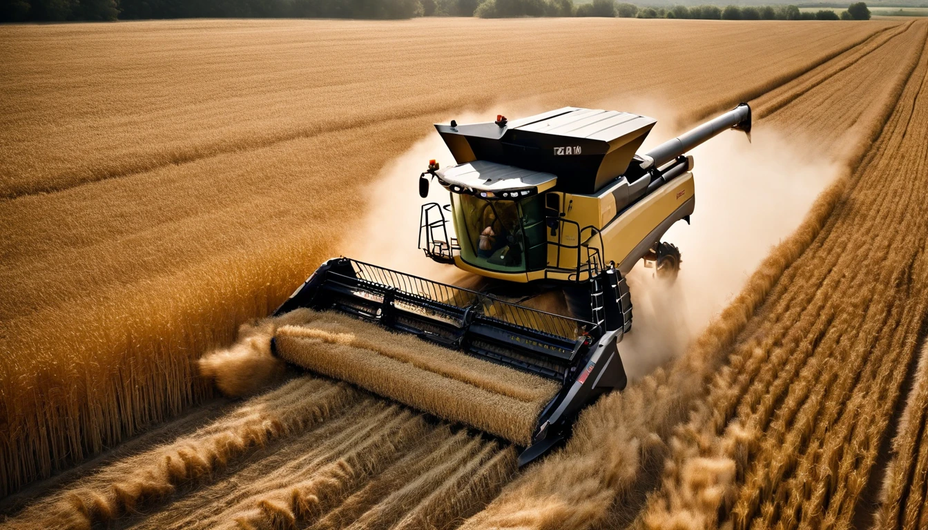 a high-angle shot of a combine harvester moving through a wheat field, capturing the motion and activity of the harvest process