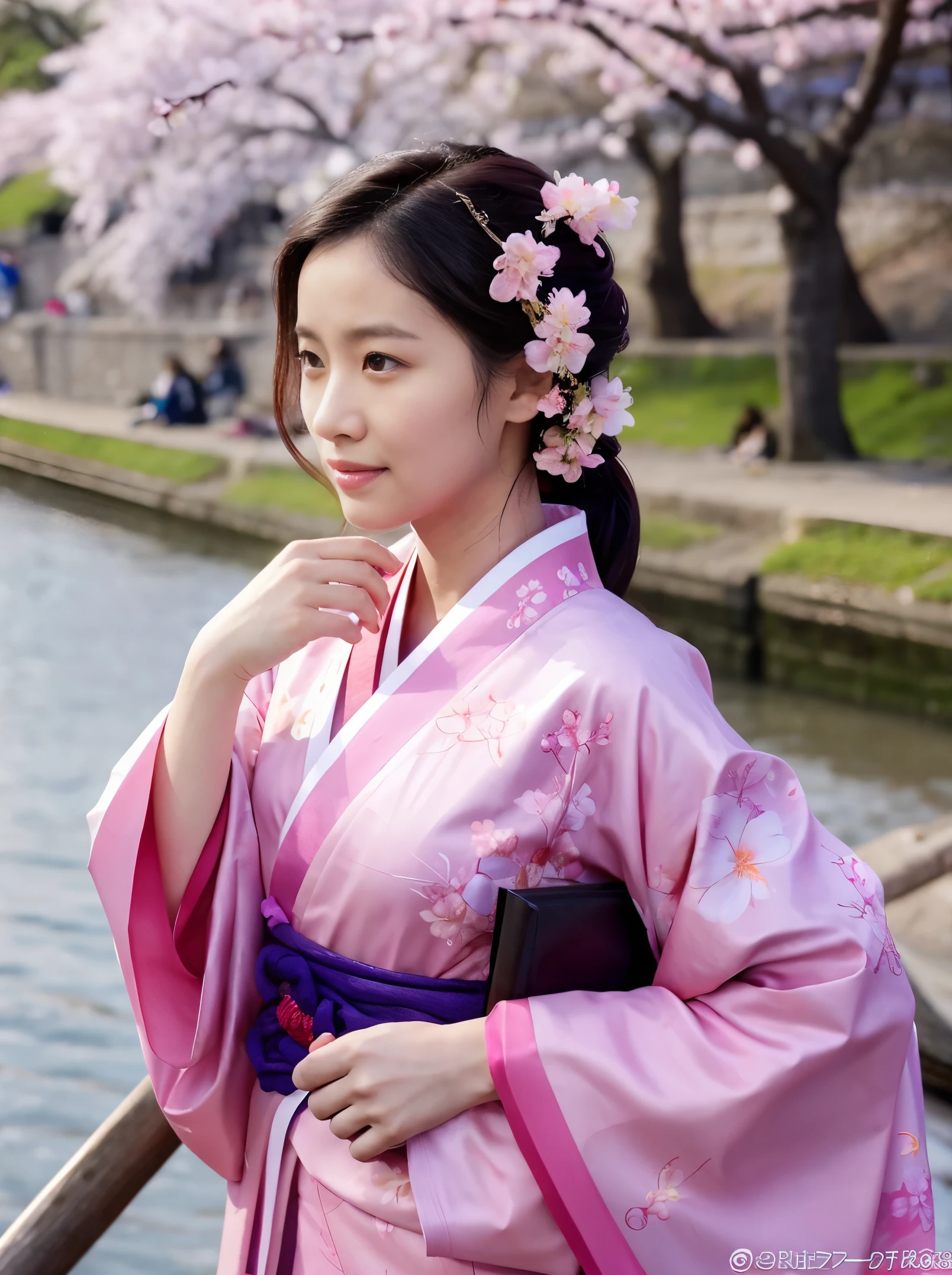 Photorealistic, FilmSteel,A Woman in pink Kimono at the riverbank under the cherry blossoms each time. Dramatic, bumps on the skin