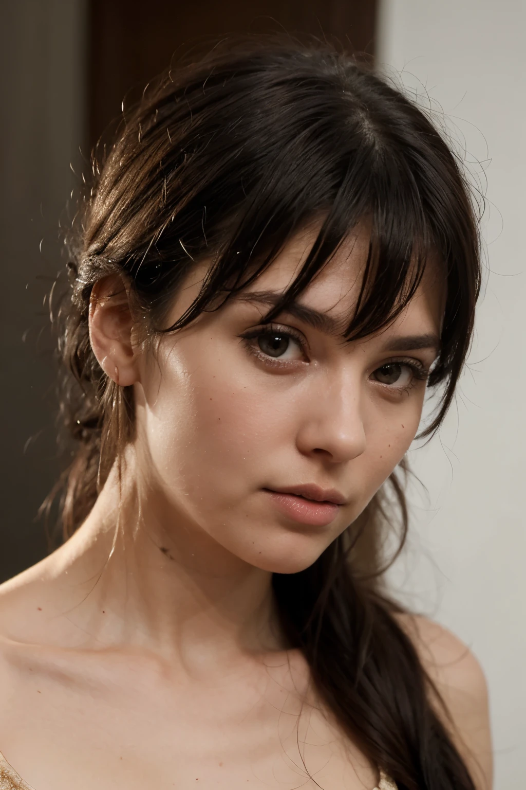 Create a frontal headshot of a Beautiful, pale-skinned 31-year-old woman with very straight shoulder-length jet-black hair. She should have a fringe and her hair should be Cleopatra-style. Her hair should not go over her shoulders. She needs to look captivating.