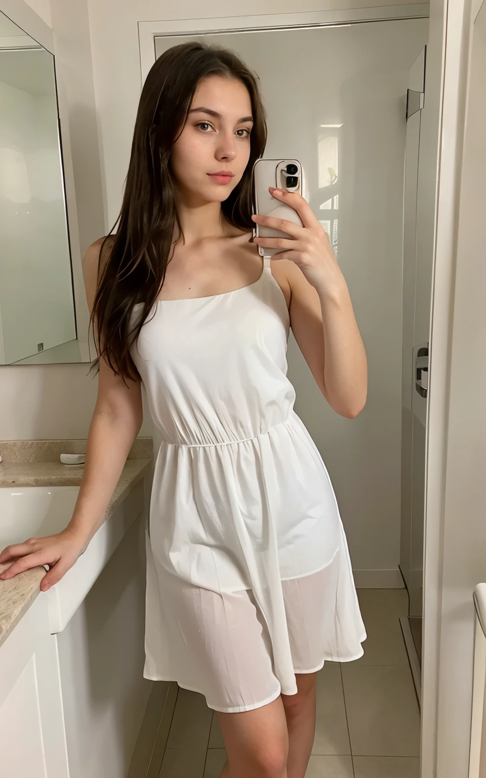 ((Best Quality)), ((Masterpiece)), (detailed), 1 blonde girl, 14 years, perfect face, long legs, little feet, small smile, very transparent dress, flexed, view from behind, tiny transparent sand underware,
