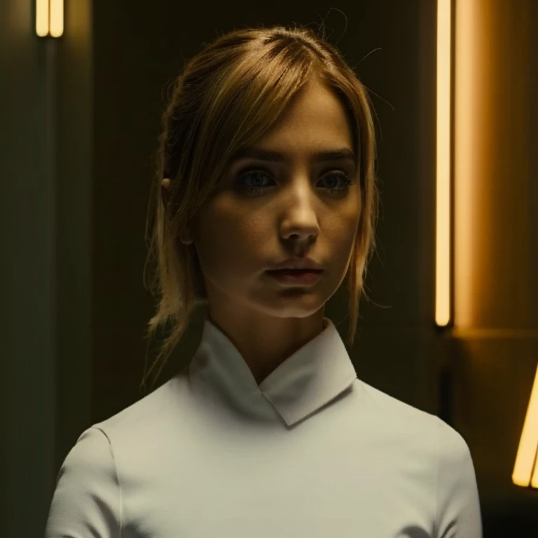 cabelos claros olhos verdes amelados (Ana di armas) super realista,filme, Blade runner 2049[futurista] (action)