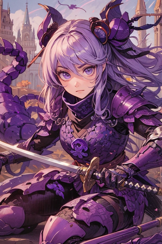 (Detailed illustrations,Very detailed and detailed drawing,Delicate lines with slow and rapid,Realistic texture expression),[Color tressed main line],(Fantasy World Battlefield Background [Burning castle]),(GIRL ROBOT 16yo (purple scorpion[METALFACE]) (SKINNY)) [WEAPON MACHINE],((NINJA Sengoku Armor))[stall],[[poisonous scorpion pattern]],[Use a ninja sword as a weapon],[[Mobile Weapon Gigant Size][Science Fiction Mechanical]],[Clear purple translucent shell that covers the body surface],(Intricate and beautiful decoration [Dense detail]),[Transparency],(Precisely drawn face)[完璧な目のdetaileds(Iris beautifully drawn in every detail)[Jewel-like eyes]],[long and beautiful eyelashes],[Meticulously drawn hair [美しく艷やかな髪のdetaileds]],(完璧な手のdetaileds [Beautiful fingers without breakdowns [Beautiful nails]]),(Perfect Anatomy(Perfectly proportioned))[[Full body like]],[Ideal color coordination(Accurate simulation of light-material interactions)],([Precision Detail](detaileds,high-detail)),[Visual art that conveys a sense of narrative].