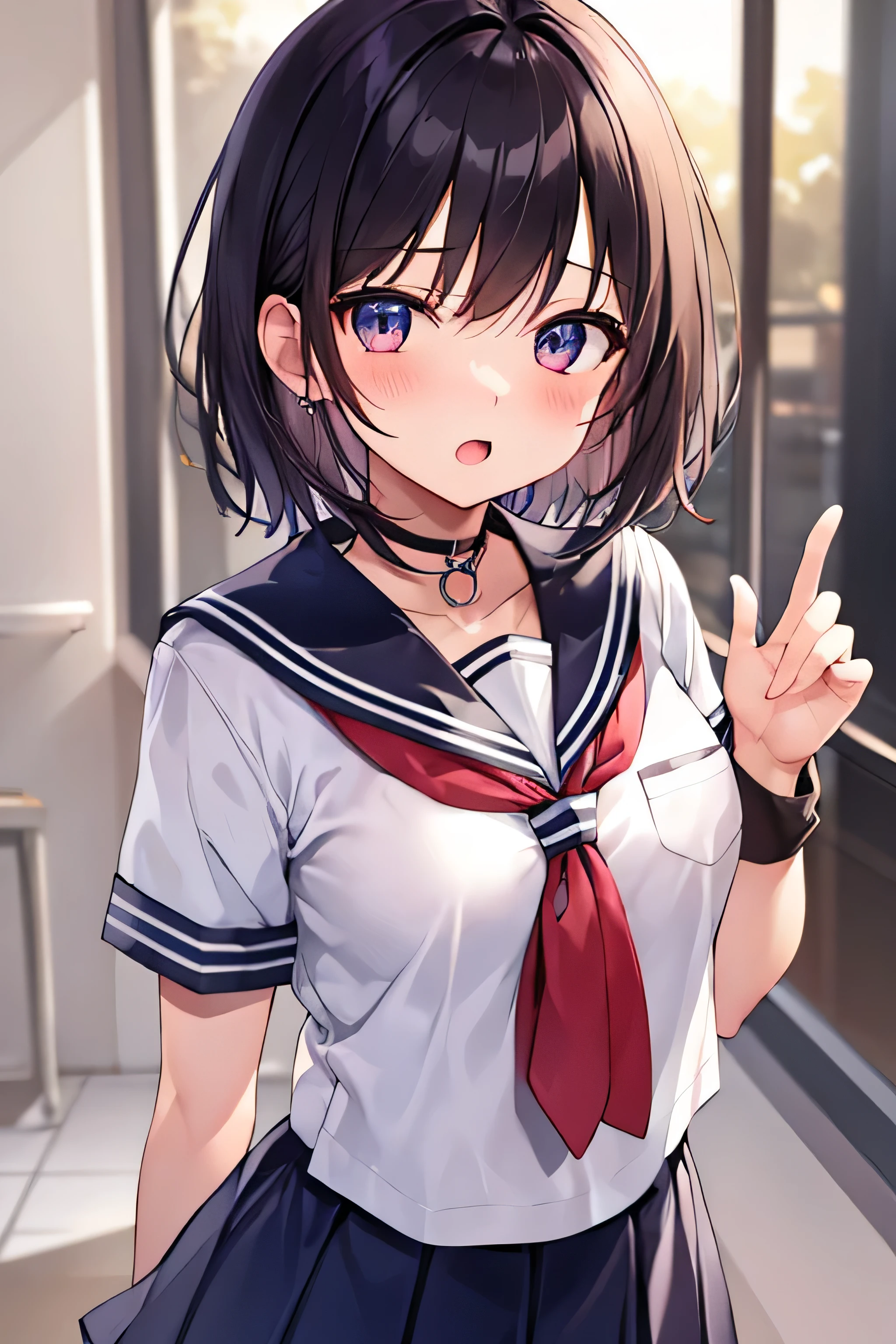 masterpiece、Top image quality、超A high resolution、Lori、well developed girl、Short hair、Blushing、mock、Open your mouth just a little、Short sleeve sailor suit、Mini skirt、Inside the classroom