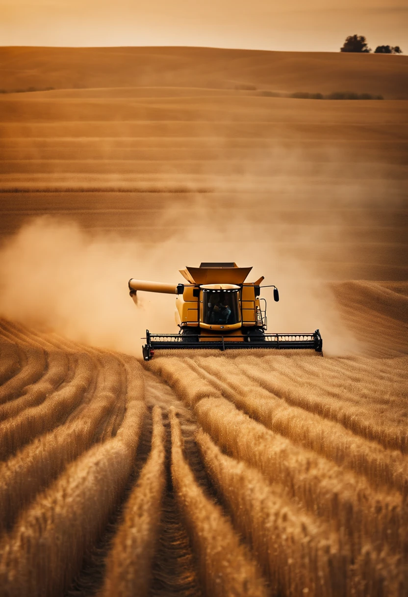 a high-angle shot of a combine harvester moving through a wheat field, capturing the motion and activity of the harvest process