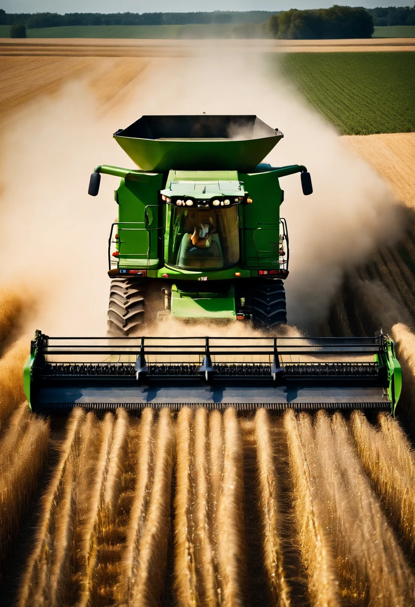 a high-angle shot of a combine harvester moving through a wheat field, capturing the motion and activity of the harvest process