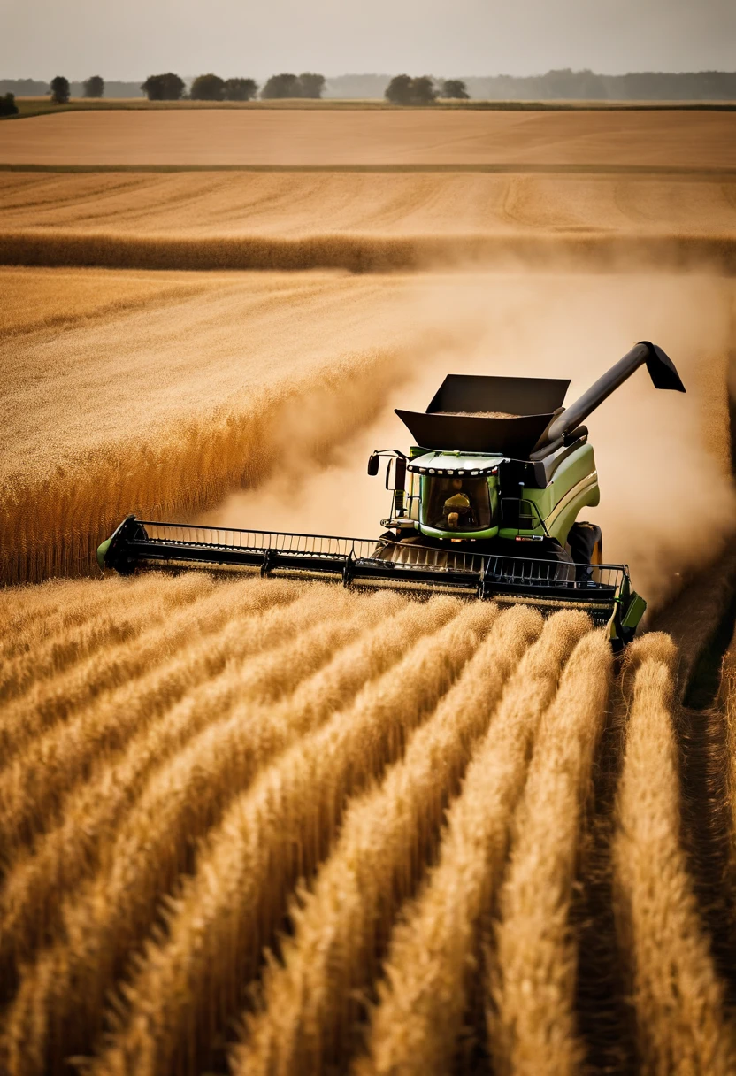 a high-angle shot of a combine harvester moving through a wheat field, capturing the motion and activity of the harvest process