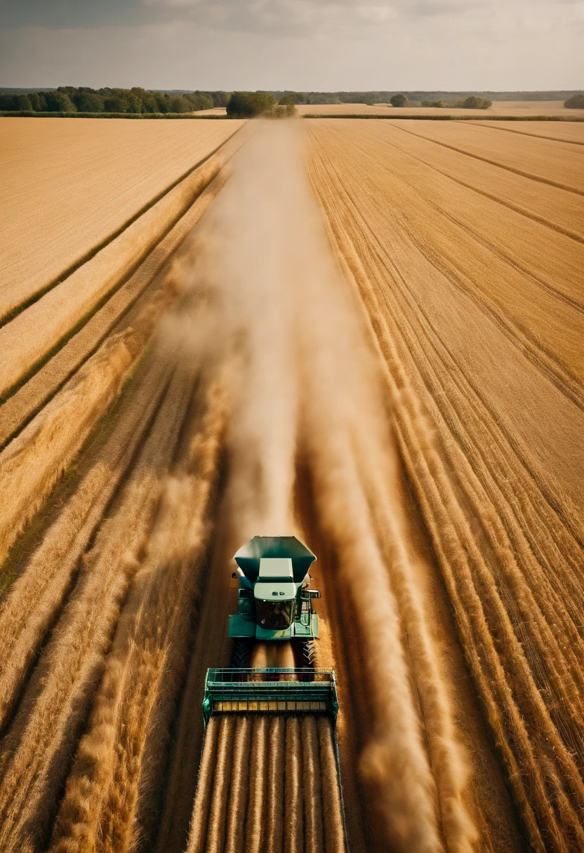 a high-angle shot of a combine harvester moving through a wheat field, capturing the motion and activity of the harvest process