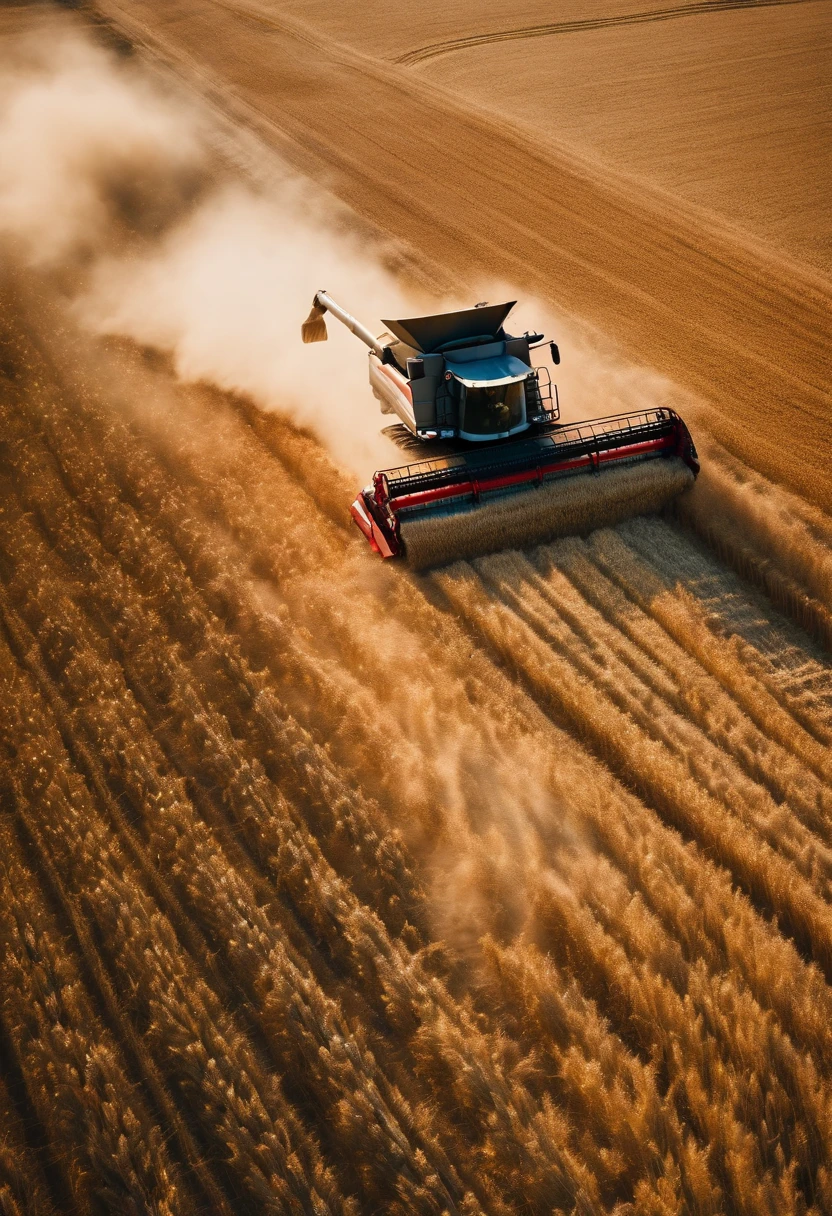 a high-angle shot of a combine harvester moving through a wheat field, capturing the motion and activity of the harvest process