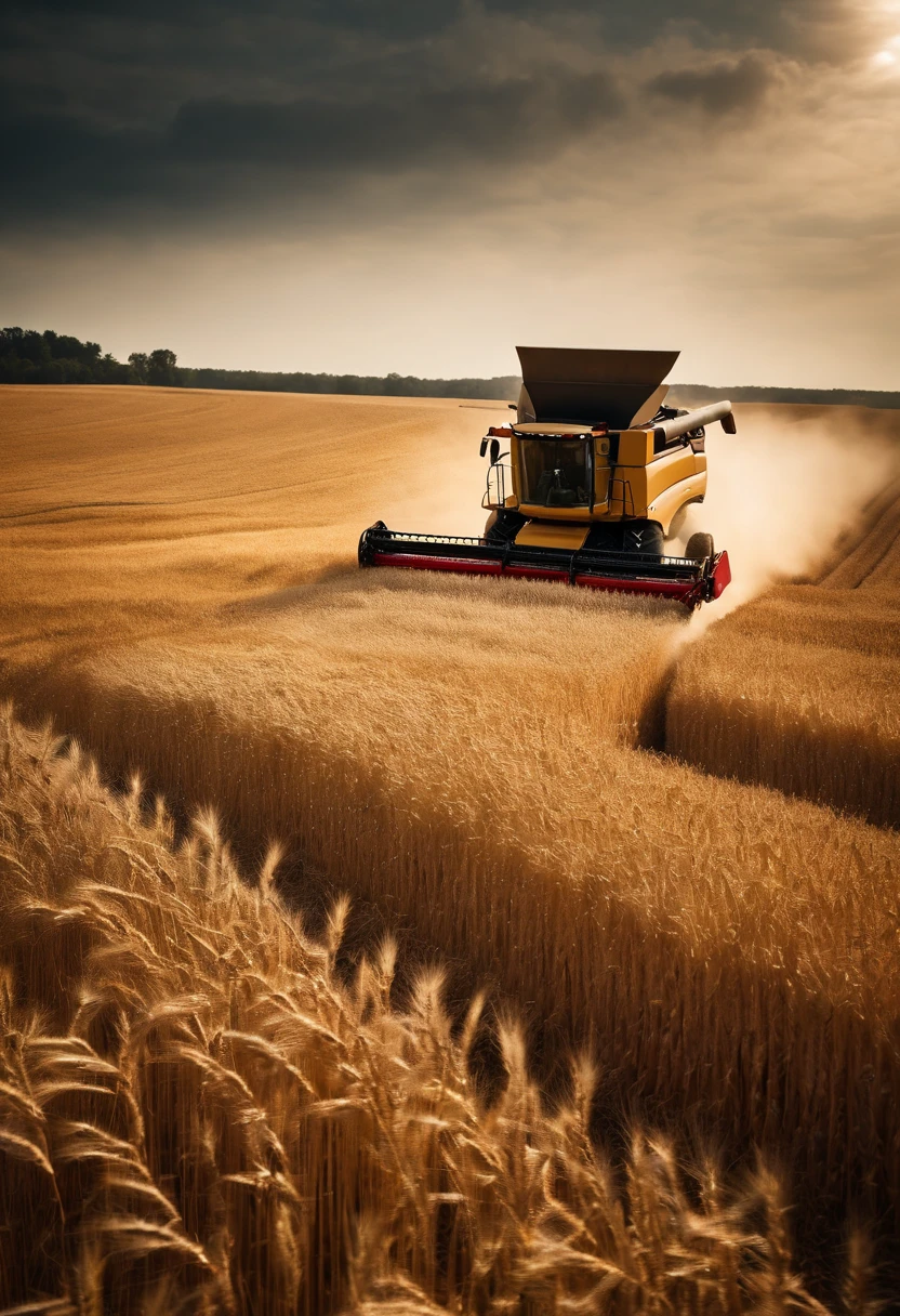 a high-angle shot of a combine harvester moving through a wheat field, capturing the motion and activity of the harvest process