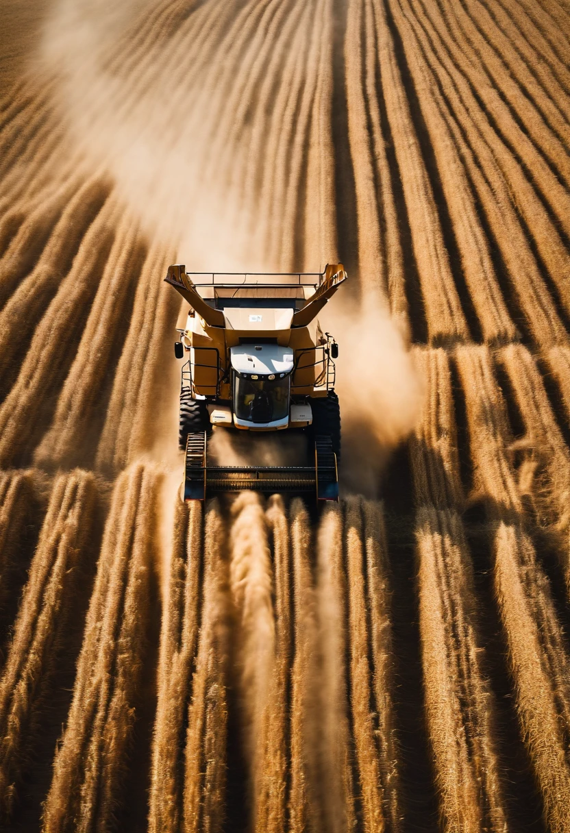 a high-angle shot of a combine harvester moving through a wheat field, capturing the motion and activity of the harvest process